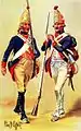 Hessischer Grenadier des Regiments Rall, 1776 (links) und Grenadier des Regiments von Specht, Braunschweig-Wolfenbüttel, 1777