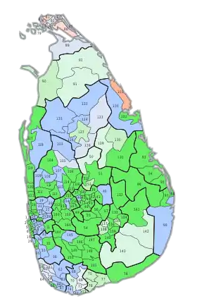 Mehrheiten in den 160 Stimmbezirken:﻿Premadasa (UNP), Beteiligung > 35 %﻿Premadasa (UNP), Beteiligung 15–35 %﻿Premadasa (UNP), Beteiligung < 15 %﻿Bandaranaike (DPA), Beteiligung > 35 %﻿Bandaranaike (DPA), Beteiligung 15–35 %﻿Bandaranaike (DPA), Beteiligung < 15 %﻿Abeyagoonasekera (SLMP), Beteiligung >35 %﻿Abeyagoonasekera (SLMP), Beteiligung 15–35 %