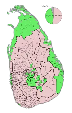 Mehrheiten in den Stimmbezirken:﻿Mehrheit für Gotabaya Rajapaksa﻿Mehrheit für Sajith Premadasa