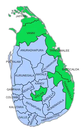 Mehrheiten nach den 22 Wahlkreisen (weitgehend identisch mit den Distrikten von Sri Lanka):﻿Mehrheit für Mahinda Rajapaksa﻿Mehrheit für Sarath Fonseka