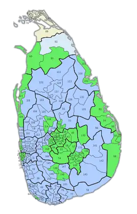 Mehrheiten in den 160 Stimmbezirken:﻿Mahinda Rajapaksa﻿Ranil Wickremesinghe﻿Mehrheit für Ranil Wickremesinghe, bei extrem niedriger Wahlbeteiligung (unter 0,2 %)﻿Mehrheit für Mahinda Rajapaksa, bei extrem niedriger Wahlbeteiligung (unter 2 %)