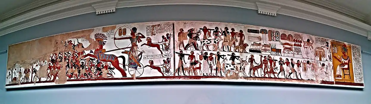 Ägypter mit Schurzen aus Gepard- und LeopardfellenWandmalerei des Tempels von Beit El-Wali (Gipsabdruck), Ramses II (* um 1303 v. Chr.; † 1213 v. Chr.) in Nubien