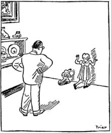 Pünktchen und der Dackel Piefke üben zu Hause den Knicks und die bettelnde Ansprache von Passanten, ihr Vater versteht nicht, was da vor sich geht (1931)