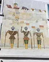 Wandbild, Schwedische Truppen belagern Rheinfelden, 1962. Von Jakob Strasser (1896–1978) Maler. Winkelgasse, Rheinfelden, (Baden)