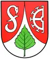 Berkhof (durch Spitze aufgeteilte Felder mit Birkenblatt, halbem Mühlrad und schwanenhalsförmigem „S“ belegt)