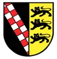 Wappen des Dorfes Dietershofen, Teil der Stadt Meßkirch. Das Wappen leitet sich von dem der Truchsessen von Waldburg-Rohrdorf ab.