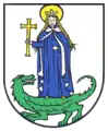 Margareta von Antiochia mit goldener Haartracht auf einem grünen Lindwurm stehend