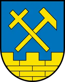 in Blau eine goldene Mauer als Heroldsbild (Oberlausitzer Wappen)