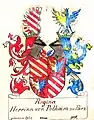 Gemehrtes Wappen der Regina Herrin von Polheim zu Parz,  Zeichnung (ca. 1890) von Ernst Graf Sprin­zen­stein ( Familien­archiv Sprinzen­stein )