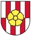 Rosenberg, altes Wappen - „Fünfmal von Silber und Rot links verschoben gespalten, belegt mit einer unbespitzten goldenen Rose.“
