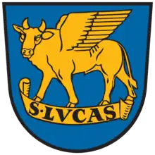 schreitender Flügelstier im Wappen von Bleiburg mit dem Spruchband S. LVCAS