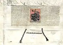 Wappen und Wappenbrief der Stadt Scheibbs von König Ferdinand I. verliehen im Jahre 1537