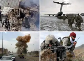 Im Uhrzeigersinn von oben rechts: Die Ruinen des World Trade Centers nach den Anschlägen vom 11. September 2001; US-Soldaten mit einem Transportflugzeug in Afghanistan; eine Bombe explodiert nahe einem US-Konvoi bei Bagdad; US-Soldaten im Gefecht in Afghanistan
