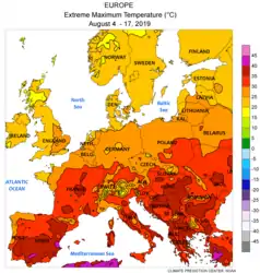 Höchst­temperatur 4. – 17. August 2019(lila > 40 °C, rot > 30 °C; NOAA-NWS-CPC)