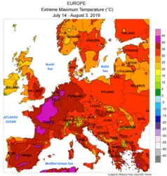 Höchst­temperatur 14. Juli – 3. August 2019(lila > 40 °C, rot > 30 °C; NOAA-NWS-CPC)