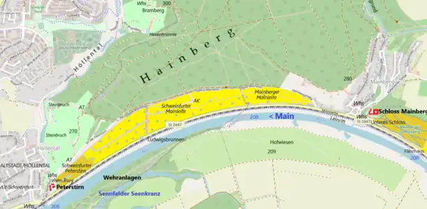 Weinbau am Schweinfurter Mainbogen.Weinberge (ocker), Weinberge bis Mitte 20. Jahrhundert (gelb), Weinberge in historischer Zeit (hellgrün)
