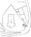 Kirche, Friedhof, Pfarrhaus (b) mit Nebenräumen (c bis f) und Straße (g) 1843