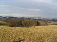 Weschnitzpluton-Höhen mit Schiefer-Diorit-Flasergranitoid-Gabbro-Granit-Ketten (Krehberg–Neunkircher Höhe-Lindenfels), Gumpener Kreuz (WP) und Großes Köpfchen (Trommgranit) im Norden (Panorama: Bilder 1–6)