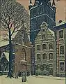 Lambertuskirche (links) und Haus „Zur Stadt Rom“ (rechts) in einem Gemälde von Wilhelm Schreuer