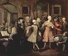 Vorne: Mann mit geschlossenem, stark abgesteiftem Habit und Jabot, 1735