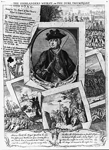 „Das Highlanders-Medley“ – Kopf- und Schulterportrait des siegreichen Dukes, mit Vignetten berühmter Schlachtszenen und Satiren und Versen, die die Eroberung der schottischen Hochländer preisen. 1746 veröffentlicht.