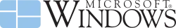 Logo: ein hellblauer stilisierter Bildschirm (abgerundete Ecken), links der Mitte mit einer vertikalen Abstandslinie geteilt, beide Hälften mit horizontalen Abstandslinien in unterschiedlich große Rechtecke geviertelt (linke Hälfte oberhalb der Mitte, rechte Hälfte unterhalb), rechts daneben in gleicher Höhe der Schriftzug „Windows“ in serifenbetonter Schrift (Kapitälchen-Stil) und über den Kleinbuchstaben der Schriftzug „Microsoft (R)“ (und Urheberrechts-„R“ über dem „s“ von Windows)