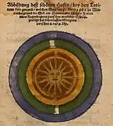 Altkolorierter Holzschnitt eines Halo oder einer Korona über Wittenberg am Sonntag Lätare (5. Märzjul. / 15. März 1592greg.)