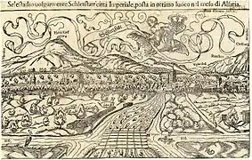 Ansicht von Schlettstadt mit der Hohkönigsburg, vor 1550;Holzschnitt aus dem ehemaligen Wolf-Dietrich-Klebeband Städtebilder