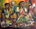 Frauen verkaufen Fisch in Colombo Fischmarkt, 100 × 130 cm, Öl auf Leinwand, 2011.