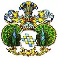 Wappen derer von Buddenbrock im schlesischen Wappenbuch von Alfred Freiherr von Krane mit radschlagenden Pfauen als Schildhaltern