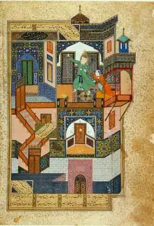 Yusuf flieht vor Zulaykha. Illustration von 1488 zu Bustān von Saadi. Behzāds Signatur ist in der blauen Kartusche des Raumes links oben: ʿamal al-ʿabd Bihzād (gemacht vom Diener Behzād).