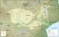 Einzugsbereich des Sambesi mit Beschriftung der Viktoriafälle, Makgadikgadi-Salzpfannen und des Okavangodeltas