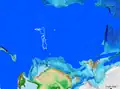 Paläogeographische Situation um 90 mya mit Zealandia (unten rechts), zwischen Australien und der Antarktis nahe dem Südpol. Die aktuelle Position Neuseelands ist weiß umrandet (Mitte links).