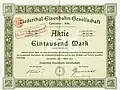 Aktie über 1000 Mark der Ziederthal-Eisenbahn-Gesellschaft vom 1. März 1900