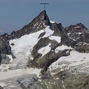 Triftgletscher von Süden, links des Südostgrats des Zinalrothorns