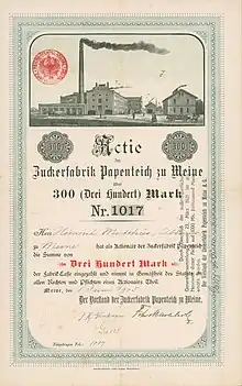 Aktie der Zuckerfabrik Papenteich zu Meine über 300 Mark, ausgegeben am 1. Juni 1905.