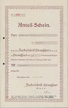 Schuldschein der Zuckerfabrik Straußfurt aus dem Jahr 1924