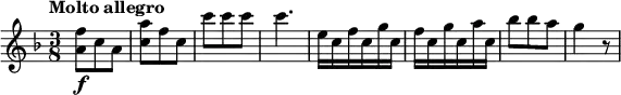 
\relative c'' {
  \version "2.18.2"
  \tempo "Molto allegro"
  \key f \major
  \time 3/8
   \tempo 4 = 120
  < a f'>8\f c a
  < c a'>8 f c
  c' c c c4.
  e,16 c f c g' c,
  f c g' c, a' c,
  bes'8 bes a
  g4 r8
}
