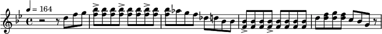 
  \new Staff {
    \set Staff.midiInstrument = #"overdriven guitar"
    \relative b' {
      \key bes \major
      \time 4/4
      \tempo 4 = 164
      r2 r8 d8 [f8 g8] | <f bes>8-> <f bes>8 <f bes>8 <f bes>8-> <f bes>8 <f bes>8 <f bes>8-> <f bes>8 |  <f bes>8 as8 g8 f8 des8 d8 bes8 bes8 | <f bes>8->  <f bes>8 <f bes>8 <f bes>8-> <f bes>8 <f bes>8 <f bes>8 <f bes>8|
 d'8 <d f>8 <d g>8 <d f>8 c8 bes8 g8 r8 |
    }
  }

