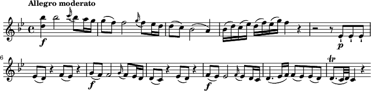 
\relative c'' {
  \version "2.18.2"
  \key bes \major
  \time 4/4
  \tempo "Allegro moderato"
  \tempo 4 = 110
  <d bes'>4\f bes'2 \grace c16 (bes8) a16 g
  g8 (f) f2 \grace g16 (f8) ees16 d
  d8 (c) bes2 (a4)
  bes16 (d) c (ees) d (f) ees (g) f4 r
  r2 r8 ees,-!\p ees-! ees-!
  ees (d) r4 f8 (ees) r4
  g8\f (f) f2 \grace g16 (f8) ees16 d
  d8 (c) r4 ees8 (d) r4
  f8\f (ees) ees2 \grace f16 (ees8) d16 c
  d4. (ees16 f) f8 (ees) ees (d)
  d8.\trill (c32 d) c4 r
}
