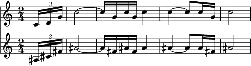 <<
\relative c' {
\key c \major
\time 2/4
\partial 8
\times 2/3 {c16 d g} | c2 ~ | c16 g c g c4 | c ~ c8 c16 g | c2
}
\relative a {
\key c \major
\time 2/4
\partial 8
\times 2/3 {ais16 cis fis} | ais2 ~ | ais16 fis ais fis ais4 | ais ~ ais8 ais16 fis | ais2
}
>>