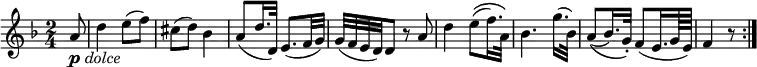  { \relative a' { \key d \minor \time 2/4
\partial 8 a8 _\markup { \musicglyph #"p" \italic "dolce" } | d4 e8( f)| cis8( d) bes4 |
a8( d16. d,32) e8.( f32 g) | g32( f e d) d8 r a' |
d4 e8(\( f16.) a,32\) | bes4. g'16.( bes,32) | a8(\( bes16.) g32-.\) f8( e16. g64 e) | f4 r8 \bar ":|." }}
\layout { \context { \Score \override SpacingSpanner.common-shortest-duration = #(ly:make-moment 1/8) }} 