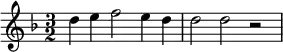  { \key d \minor \time 3/2 d'' e'' f''2 e''4 d'' d''2 d''2 r2 } 