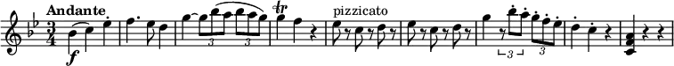 
\relative c' { 
   \version "2.18.2"
   \clef "treble" 
   \tempo "Andante" 
   \key bes  \major
   \time 3/4
     bes'4 \f (c) ees -.
     f4. ees8 d4
     g4~ \tuplet 3/2 {g8 bes (a} \tuplet 3/2 {bes a g)} 
     g4 \trill f r4
     ees8^\markup { pizzicato } r8 c r8 d r8 
     ees r8 c r8 d r8
     g4 \tuplet 3/2 {r8 bes-. a-.} \tuplet 3/2 {g-. f-. ees-.} 
     d4-. c-. r4
     <c, f a> r4 r4
}
