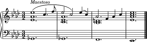 {
\set Score.tempoHideNote = ##t
\new PianoStaff <<
  \new Staff { \clef violin \key as \major \time 3/2 \tempo 2 = 90
    << { \voiceOne
      es''1(^\markup{\italic{Maestoso}} c''4. f''8
      es''2 c'') es''4( c'')
      as'2. f'4 as' c''
      <c'' es''>1.
    }
    \new Voice { \voiceTwo
      <es' as'>1.
      <c' es' as'>1.
      <bes d'>1.
      <es' as'>1.
    } >> \oneVoice
    \bar "|."
  }
  \new Staff { \clef bass \key as \major \time 3/2
    ges,1. ges, f, es, \bar "|."
  }
>> }