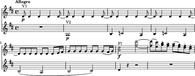
<<
\new Staff   \relative c'' {
  \version "2.18.2"
  \clef "treble"
  \key d \major
  \tempo "Allegro"
  \time 4/4
  \tempo 8 = 200
 d,8 \p ^ \markup{V1} d4 d d d8 ~
 d8 d4 d d d8 ~
 d8 d4 d d d8 ~
 d8 d4 d d d8 ~
 d8 d d d d d d e16 fis
 g8 g g g g g g (fis16 g)
 <a d>2 \f ^ \markup{Fl} <fis' d'> ~
 <fis d'>8   (<e cis'>)  <g b-.>   <fis a-.>
  <fis a>  (<e g>)  <d fis-.>   <cis e-.>
}
\new Staff  \relative c' {
    \clef "treble"
    \key d \major
    \time 4/4
    R1 a1\p ^\markup {V2}
    b4 c!2 a4
    b4 c!2 a4
    b2 (a b cis)
    d4 r4 r2 R1
}
>>
