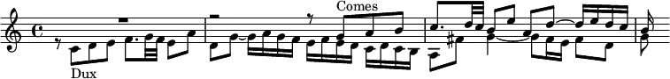\relative{
\new Staff \tempo 4=70 \set Score.tempoHideNote = ##t
<<
{ \voiceOne R1 r2 r8 g'^"Comes" a b c8. d32 c b8 e a, d ~ d16 e d c b}
\new Voice= "Dux"
{ \voiceTwo r8 c,_"Dux" d e f8. g32 f e8 a8 d,8 g ~ g16 a g f e f e d c d c b a8 fis' g4~ g8 fis16 e fis8 d g}
>>
}