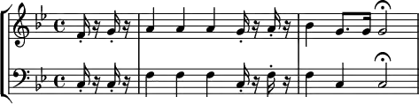 \new StaffGroup <<
   \new Staff { \set Staff.midiInstrument = #"french horn"
   \new Voice
  \relative c'
  { \set Staff.midiInstrument = #"french horn" \key bes \major \clef "treble" \partial 4
    f16-. r g-. r a4 a a g16-. r a-. r bes4 g8. g16 g2 \fermata \bar "|" } }
   \new Staff { \set Staff.midiInstrument = #"french horn"
   \new Voice
   \relative c
  { \set Staff.midiInstrument = #"french horn"  \key bes \major \clef "bass" \partial 4
    c16-. r c-. r f4 f f c16-. r f-. r f4 c4 c2 \fermata \bar "|" } } >>