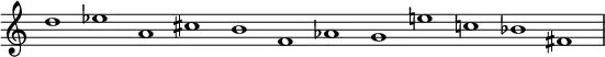 {
\set Score.tempoHideNote = ##t
\tempo 1 = 72
\omit Staff.TimeSignature
\time 12/1 d''1 ees'' a' cis'' b' f' aes' g' e'' c'' bes' fis'
}