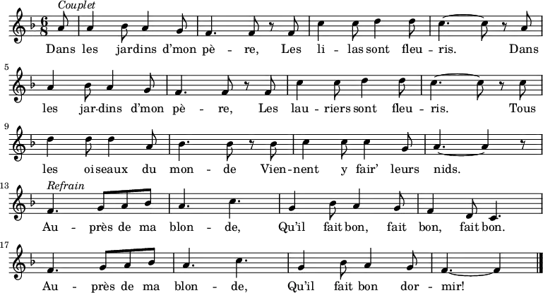 
\new Staff {
\relative c'' {
  \key f \major
  \numericTimeSignature
  \time 6/8
  \partial 8

  a8^ \markup { \italic Couplet }
  a4 bes8 a4 g8
  f4. f8 r f
  c'4 c8 d4 d8
  c4. ~ c8 r a \break
  a4 bes8 a4 g8
  f4. f8 r f
  c'4 c8 d4 d8
  c4. ~ c8 r c \break
  d4 d8 d4 a8
  bes4. bes8 r bes
  c4 c8 c4 g8
  a4. ~ a4 r8 \break
  f4.^ \markup { \italic Refrain } g8 a bes
  a4. c
  g4 bes8 a4 g8
  f4 d8 c4. \break
  f g8 a bes
  a4. c
  g4 bes8 a4 g8
  f4. ~ f4 \bar "|."
} }
\addlyrics {
\lyricmode {
    Dans les jar -- dins d’mon pè -- re,
    Les li -- las sont fleu -- ris.
    Dans les jar -- dins d’mon pè -- re,
    Les lau -- riers sont fleu -- ris.
    Tous les oi -- seaux du mon -- de
    Vien -- nent y fair’ leurs nids.

    Au -- près de ma blon -- de,
    Qu’il fait bon, fait bon, fait bon.
    Au -- près de ma blon -- de,
    Qu’il fait bon dor -- mir!
} }

  \midi {
    \context {
      \Score
      tempoWholesPerMinute = #(ly:make-moment 360 8)
    }
  }

